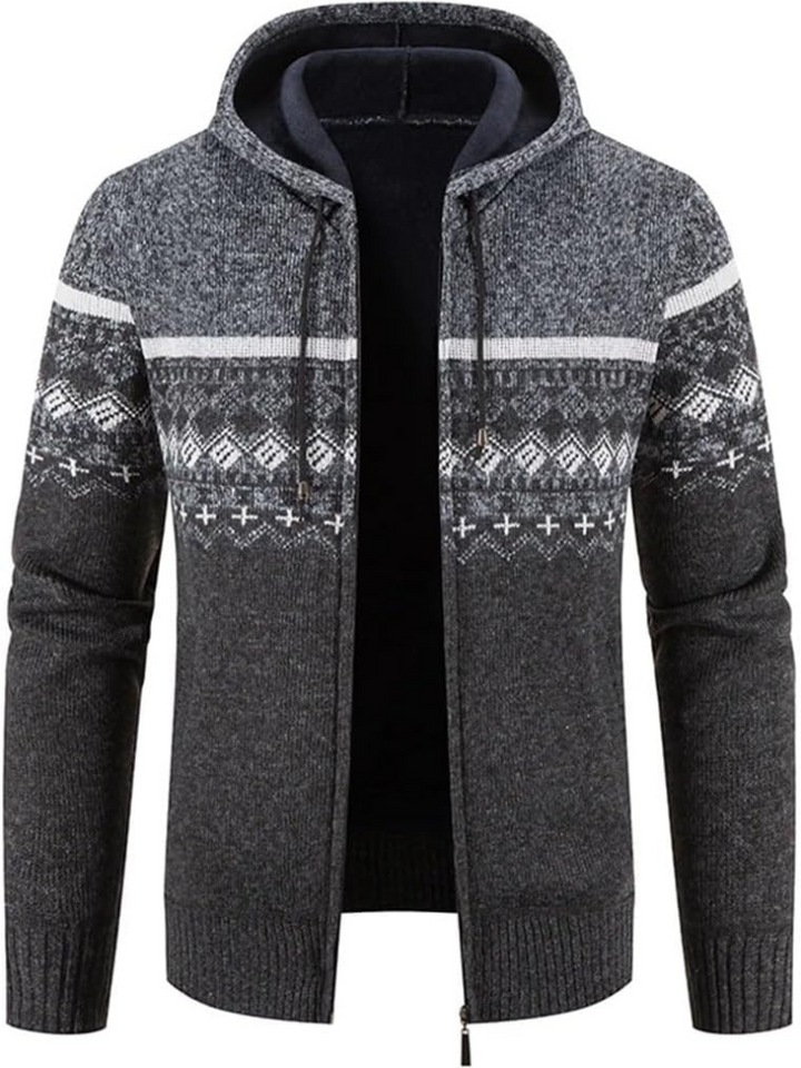Men’s full-zip knit hoodie ideal for autumn, featuring a hood and soft material for stylish comfort on casual days.