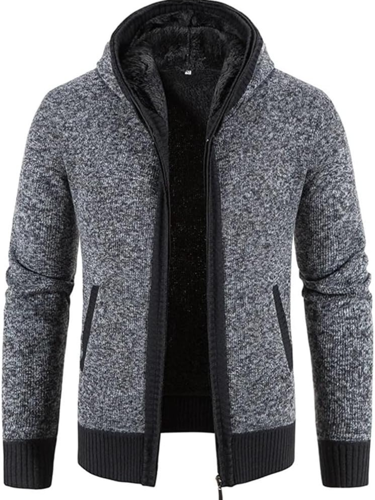 Men’s full-zip knit hoodie ideal for autumn, featuring a hood and soft material for stylish comfort on casual days.