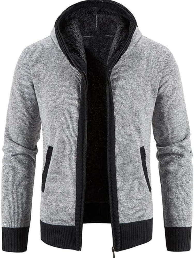 Men’s full-zip knit hoodie ideal for autumn, featuring a hood and soft material for stylish comfort on casual days.