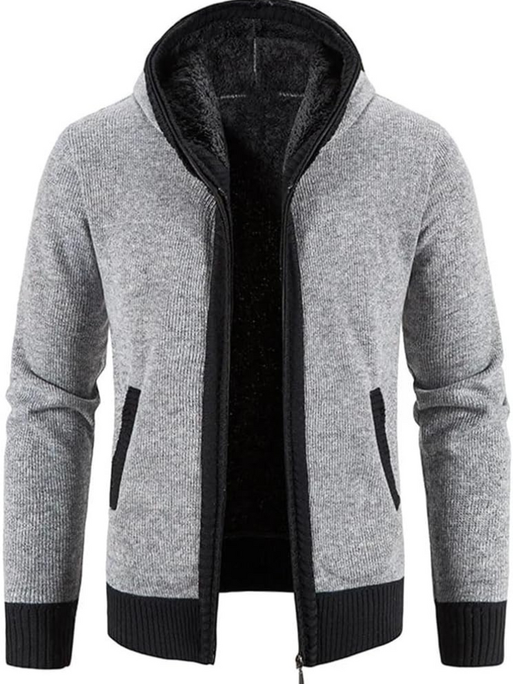 Men’s full-zip knit hoodie ideal for autumn, featuring a hood and soft material for stylish comfort on casual days.