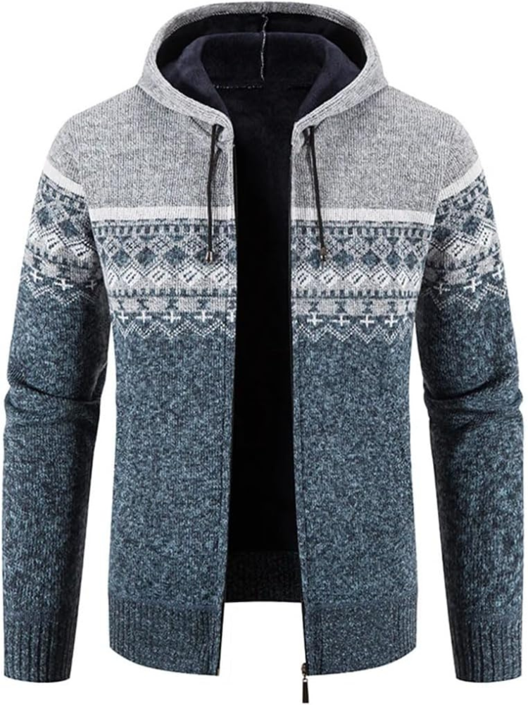 Men’s full-zip knit hoodie ideal for autumn, featuring a hood and soft material for stylish comfort on casual days.