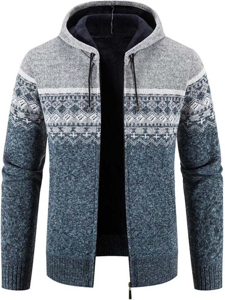 Men’s full-zip knit hoodie ideal for autumn, featuring a hood and soft material for stylish comfort on casual days.
