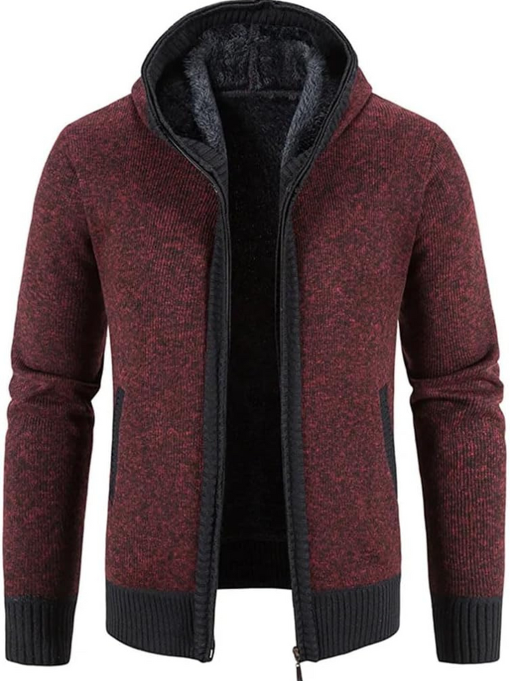 Men’s full-zip knit hoodie ideal for autumn, featuring a hood and soft material for stylish comfort on casual days.