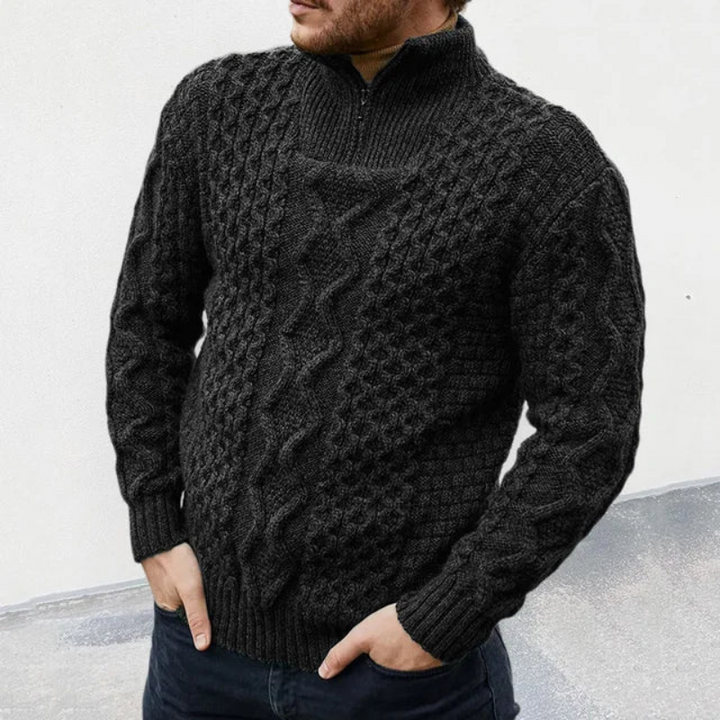 Men’s knitted zip-up turtleneck sweater designed for autumn days, offering warmth, soft texture, and casual fashion appeal.