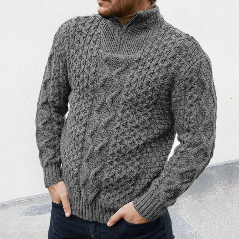 Men’s knitted zip-up turtleneck sweater designed for autumn days, offering warmth, soft texture, and casual fashion appeal.