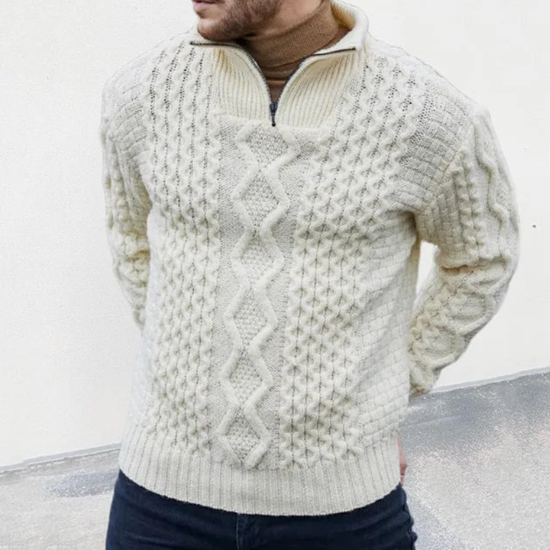 Men’s knitted zip-up turtleneck sweater designed for autumn days, offering warmth, soft texture, and casual fashion appeal.