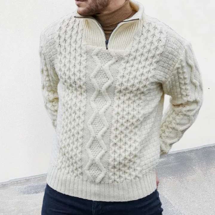 Men’s knitted zip-up turtleneck sweater designed for autumn days, offering warmth, soft texture, and casual fashion appeal.