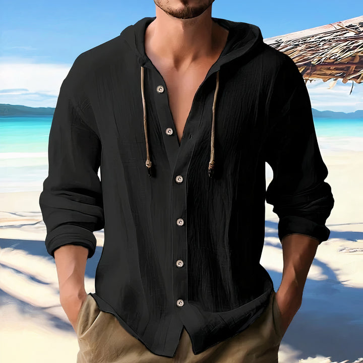 Men's lightweight hooded summer shirt with breathable fabric and a relaxed fit, perfect for warm-weather comfort and style.