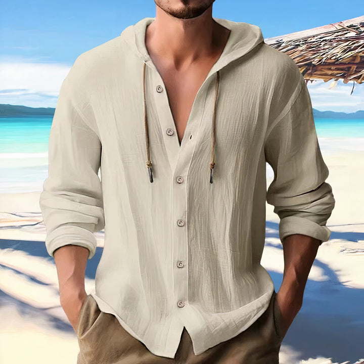 Men's lightweight hooded summer shirt with breathable fabric and a relaxed fit, perfect for warm-weather comfort and style.