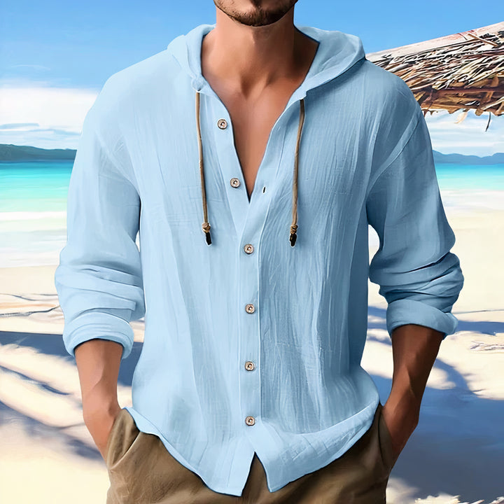 Men's lightweight hooded summer shirt with breathable fabric and a relaxed fit, perfect for warm-weather comfort and style.