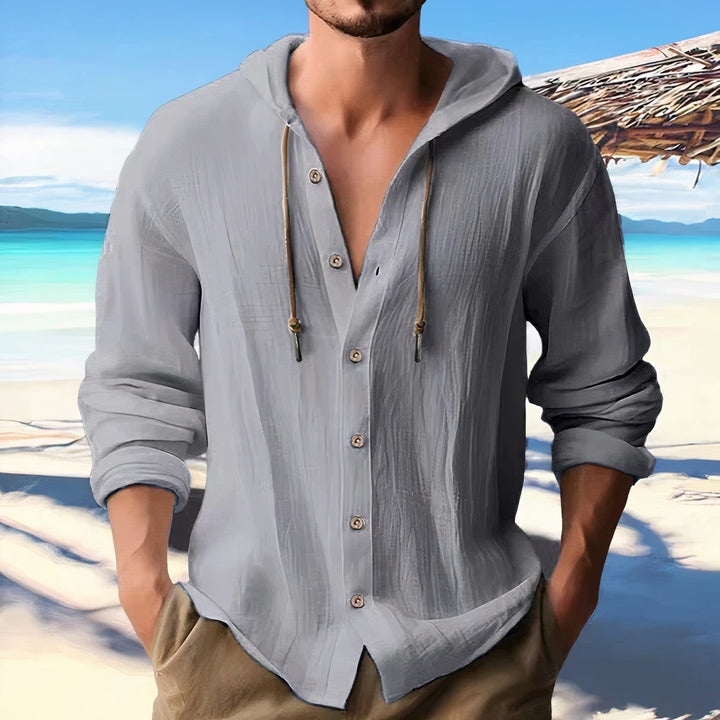 Men's lightweight hooded summer shirt with breathable fabric and a relaxed fit, perfect for warm-weather comfort and style.