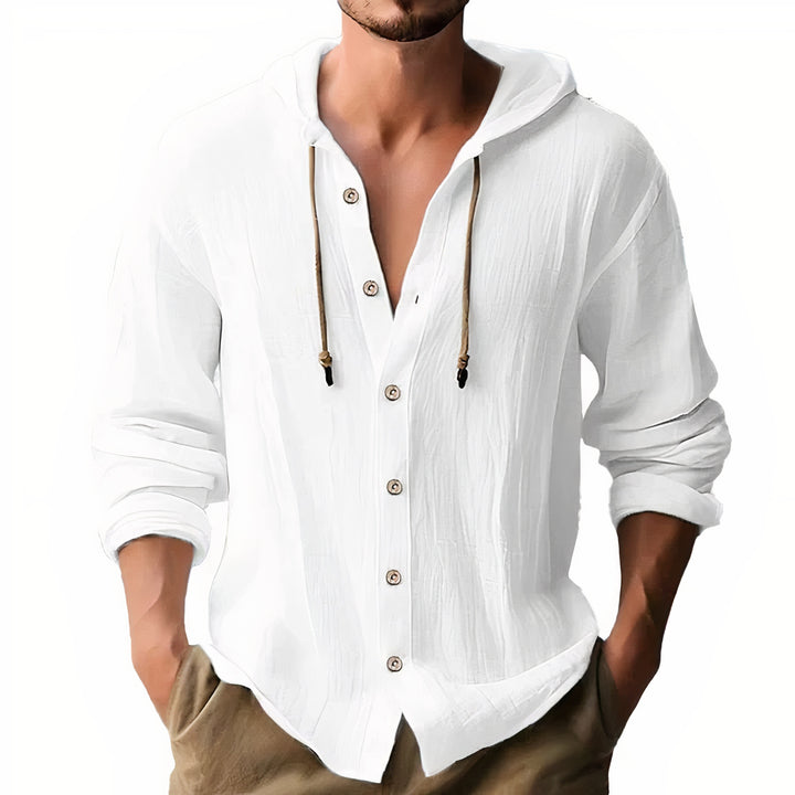 Men's lightweight hooded summer shirt with breathable fabric and a relaxed fit, perfect for warm-weather comfort and style.