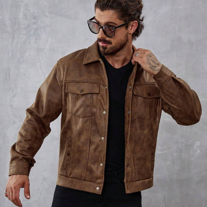Men’s luxe vintage leather jacket with a timeless and sophisticated design, 
