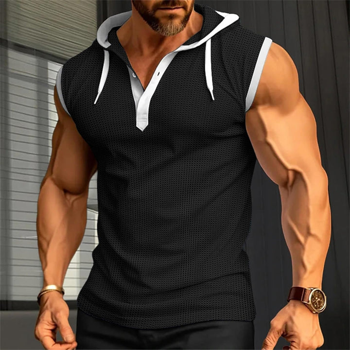Men's sleeveless hooded muscle summer shirt with breathable, lightweight fabric for workouts and casual wear.