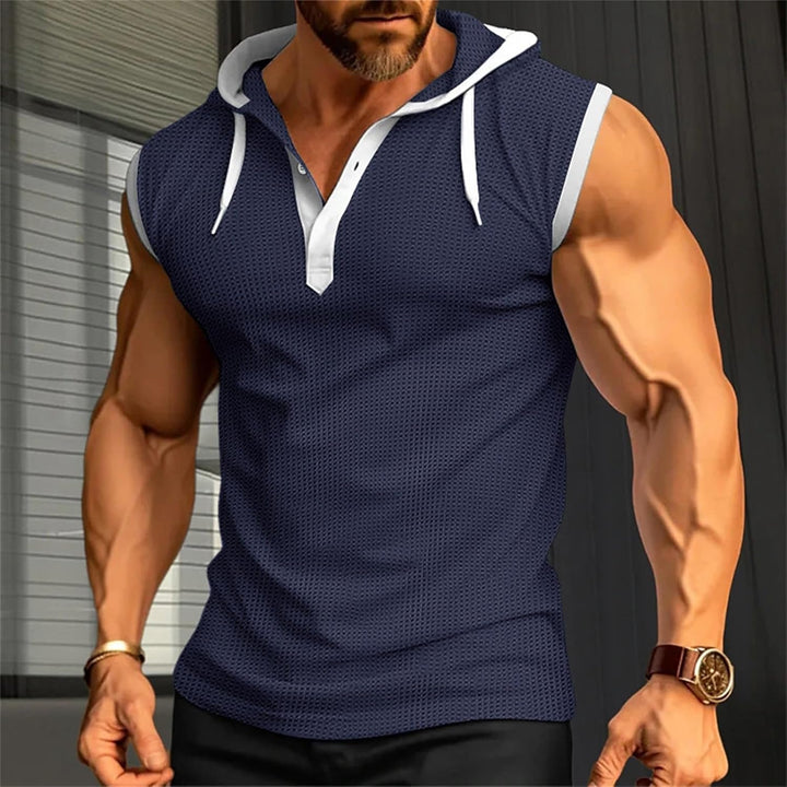 Men's sleeveless hooded muscle summer shirt with breathable, lightweight fabric for workouts and casual wear.