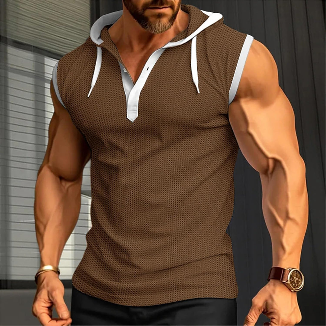 Men's sleeveless hooded muscle summer shirt with breathable, lightweight fabric for workouts and casual wear.