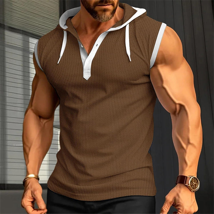 Men's sleeveless hooded muscle summer shirt with breathable, lightweight fabric for workouts and casual wear.