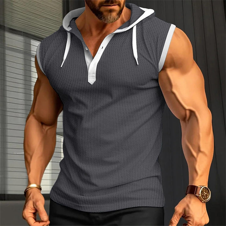 Men's sleeveless hooded muscle summer shirt with breathable, lightweight fabric for workouts and casual wear.