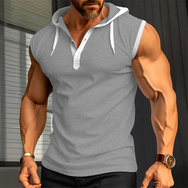 Men's sleeveless hooded muscle summer shirt with breathable, lightweight fabric for workouts and casual wear.