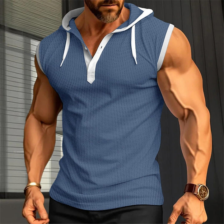 Men's sleeveless hooded muscle summer shirt with breathable, lightweight fabric for workouts and casual wear.