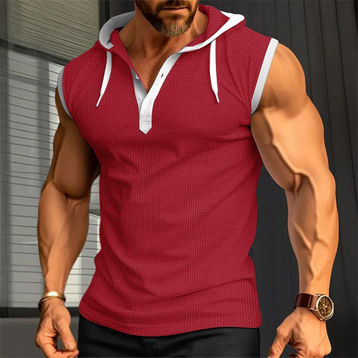 Men's sleeveless hooded muscle summer shirt with breathable, lightweight fabric for workouts and casual wear.