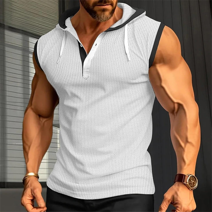 Men's sleeveless hooded muscle summer shirt with breathable, lightweight fabric for workouts and casual wear.
