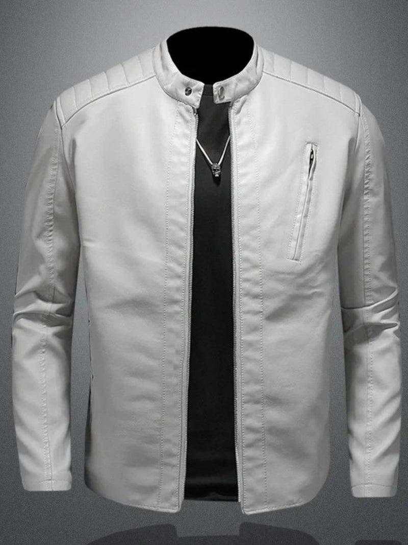 Men's stylish leather biker jacket with premium leather, tailored fit, and modern design, ideal for autumn fashion.