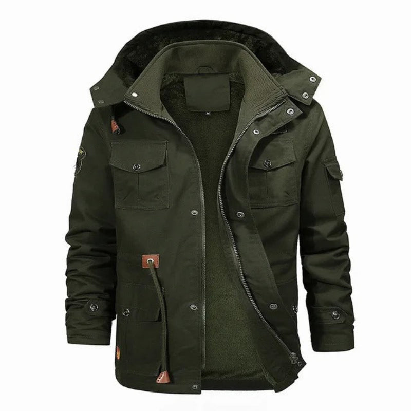 Men's stylish warm hooded fleece jacket with soft insulation, breathable design, and a modern fit for autumn days.