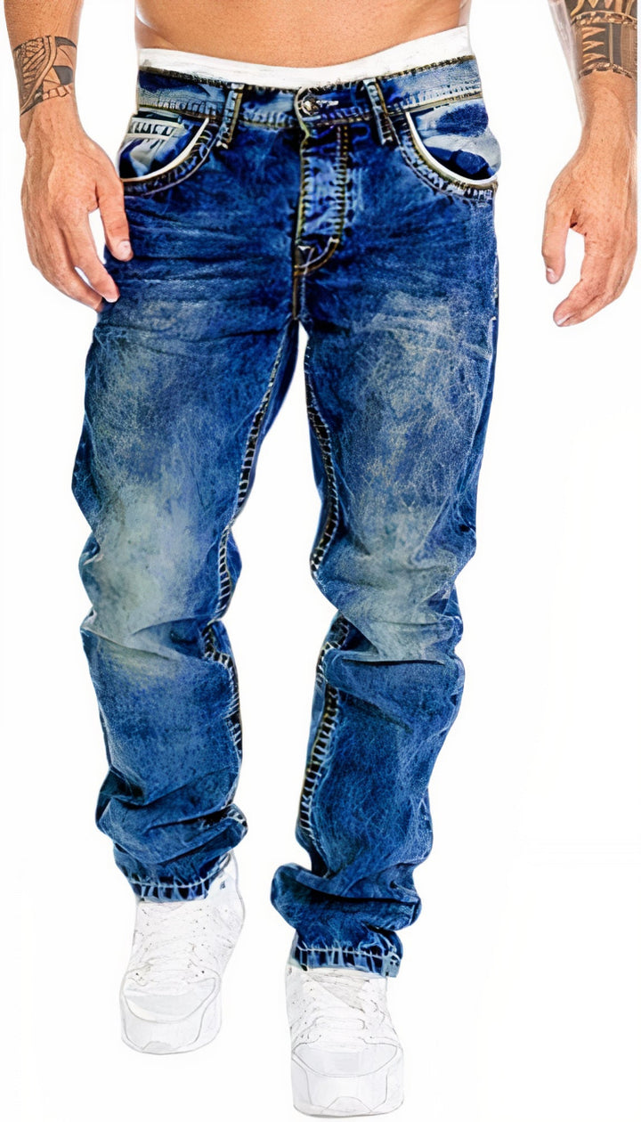 Men's trendy summer jeans with a lightweight, breathable fabric and modern slim-fit design, perfect for warm-weather style.