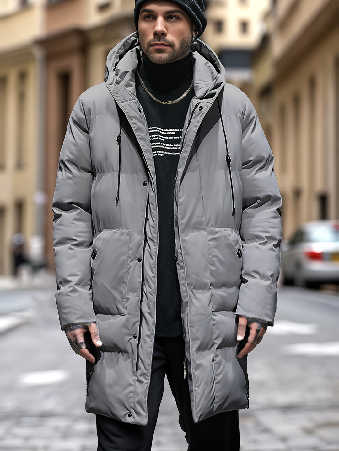 Men's warm and long hooded puffer jacket with insulated padding, windproof and water-resistant fabric, ideal for autumn and winter.







