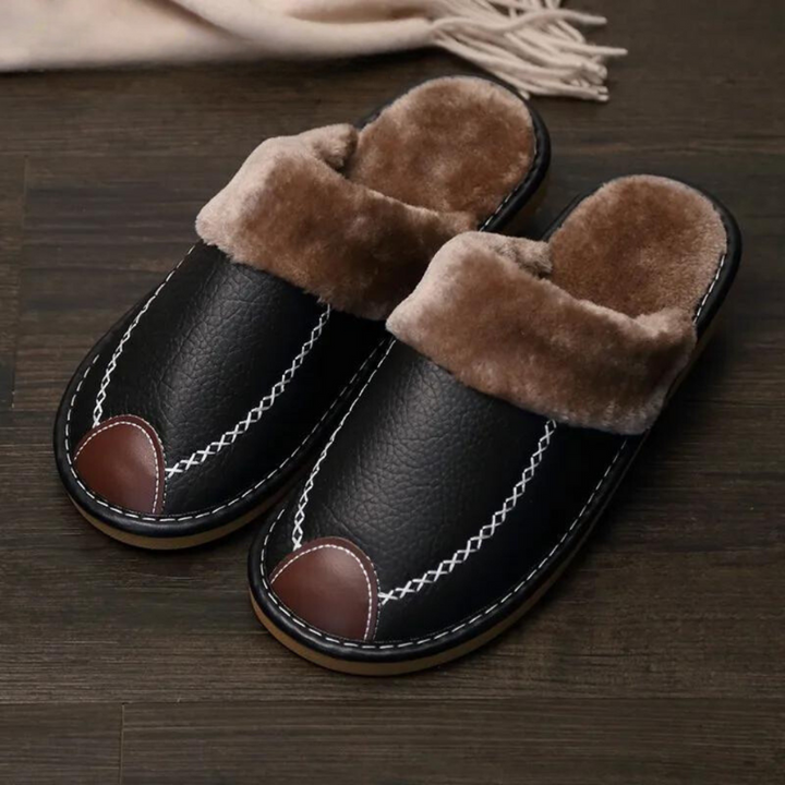 Man wearing warm leather sandals designed for comfort, style, and breathability on cool autumn days.








