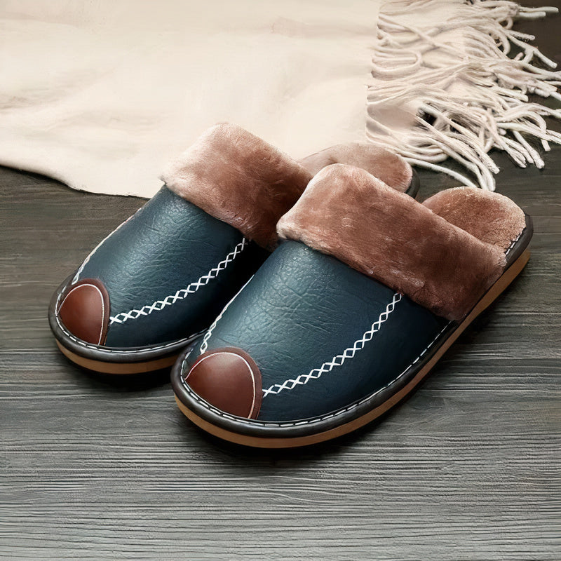 Man wearing warm leather sandals designed for comfort, style, and breathability on cool autumn days.








