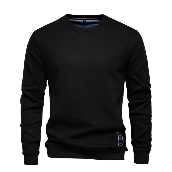 Men's knitted sweater with bold front text, relaxed fit, and ribbed cuffs, designed for casual streetwear style.