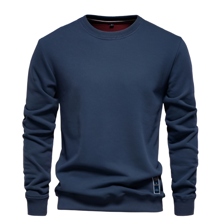 Men's knitted sweater with bold front text, relaxed fit, and ribbed cuffs, designed for casual streetwear style.