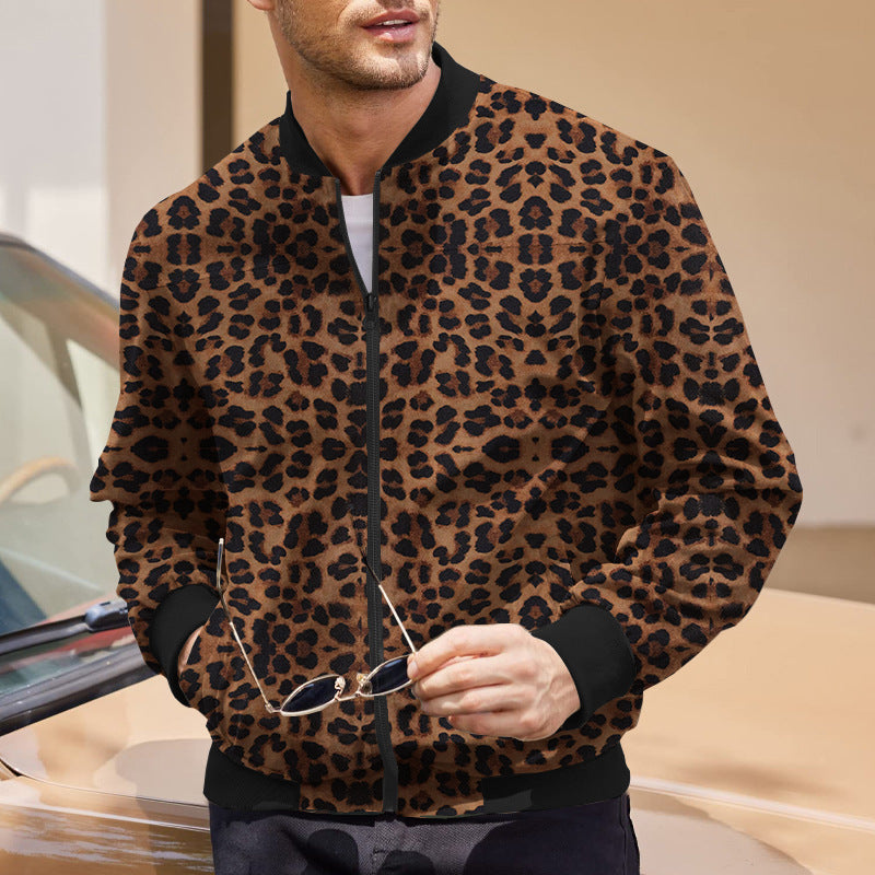 Stylish leopard print men’s jacket perfect for streetwear fashion and autumn days with a bold design.








