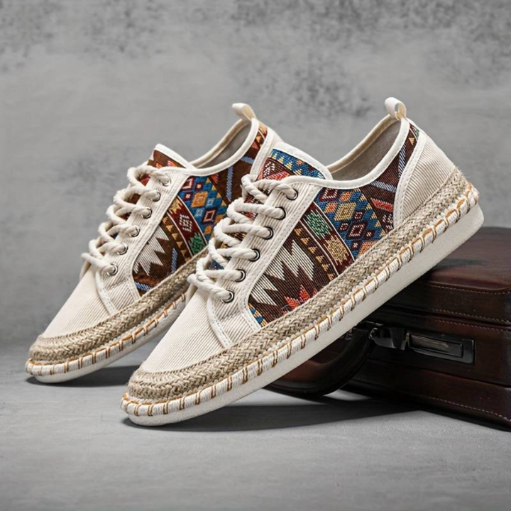 Stylish men's Aztec sneakers with breathable fabric and bold pattern, ideal for summer streetwear and casual comfort.