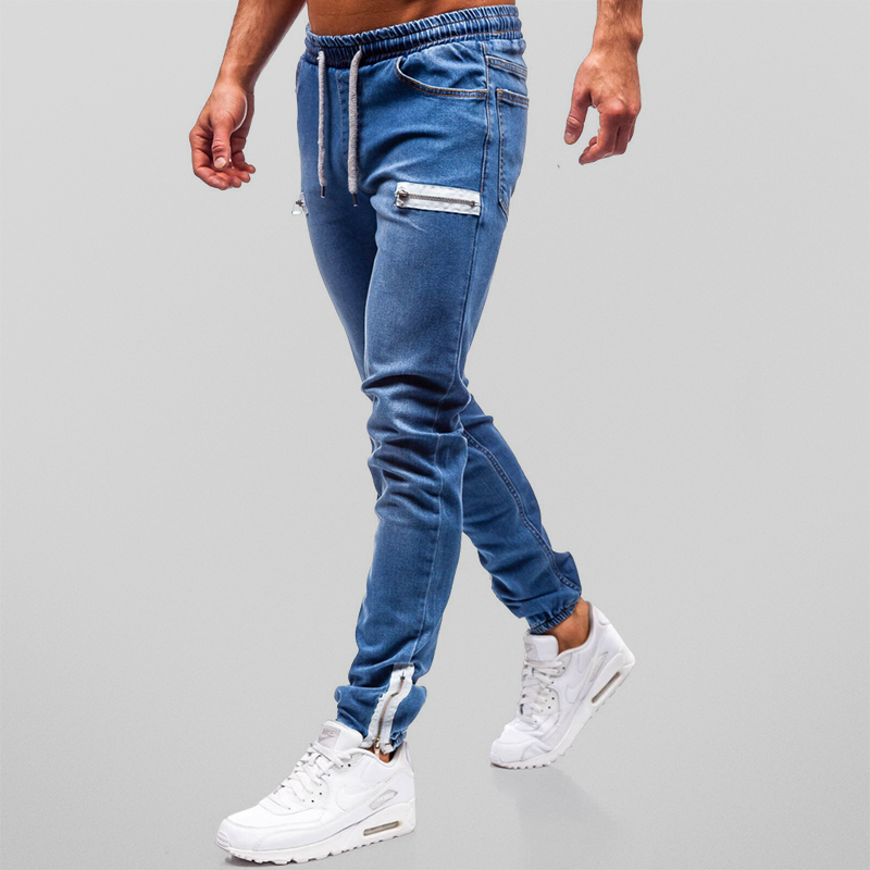 Trendy denim joggers for men perfect for summer, featuring a tapered fit, stretchy denim fabric, and casual streetwear style.