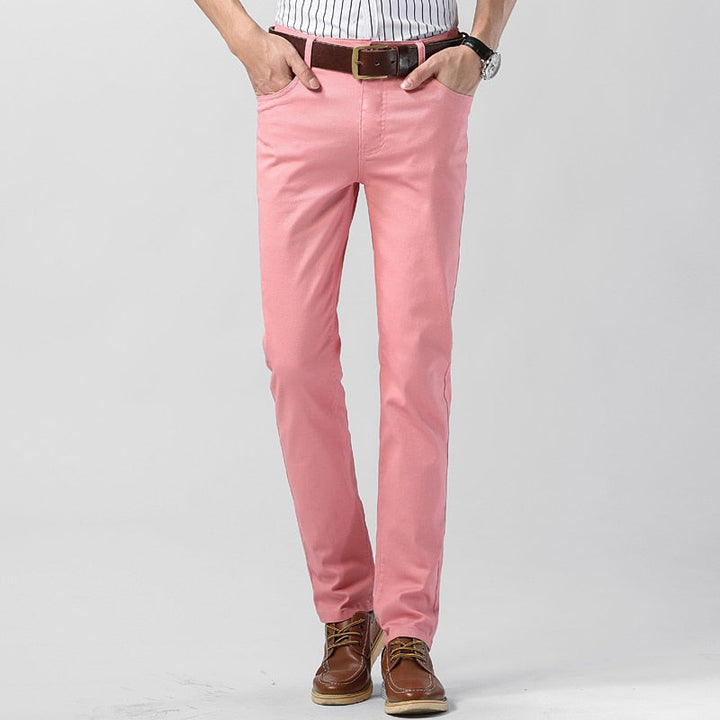 Vibrant trendy men's summer pants with a breathable, lightweight design and modern slim-fit, perfect for warm-weather outings.