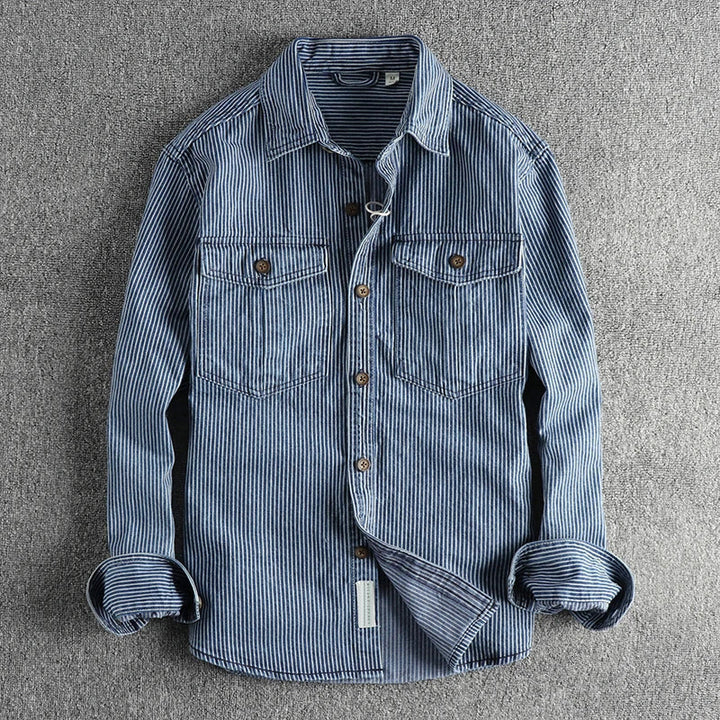 Vintage denim summer shirt for men, lightweight and stylish, perfect for warm-weather outings.








