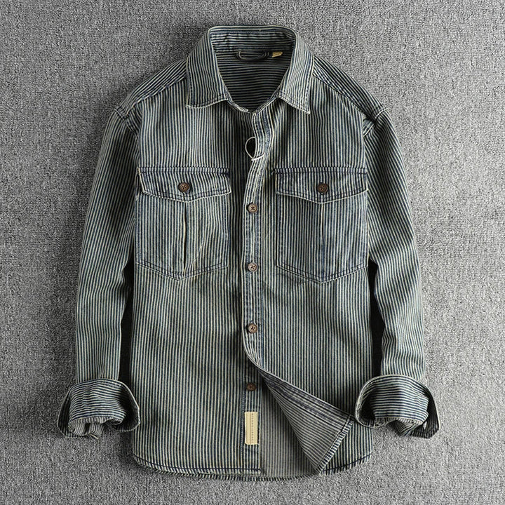 Vintage denim summer shirt for men, lightweight and stylish, perfect for warm-weather outings.








