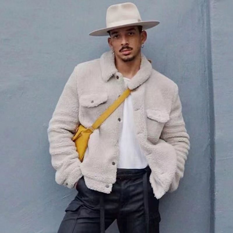 Men's vintage warm plush jacket with a stylish and cozy design, perfect for autumn days.