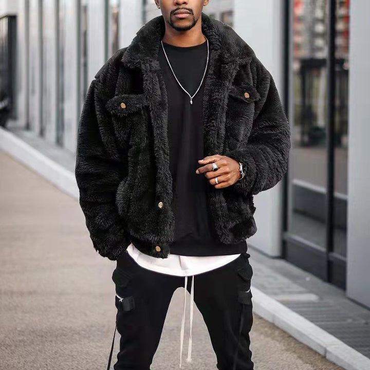 Men's vintage warm plush jacket with a stylish and cozy design, perfect for autumn days.