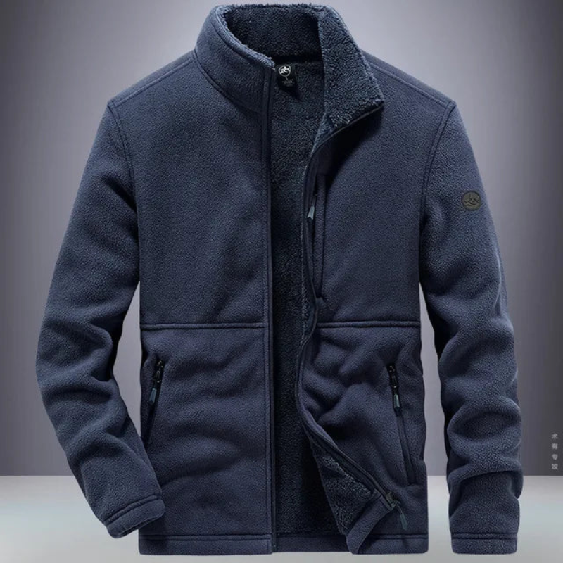 Man wearing a warm cozy fleece jacket, ideal for staying comfortable and stylish on cool autumn days.