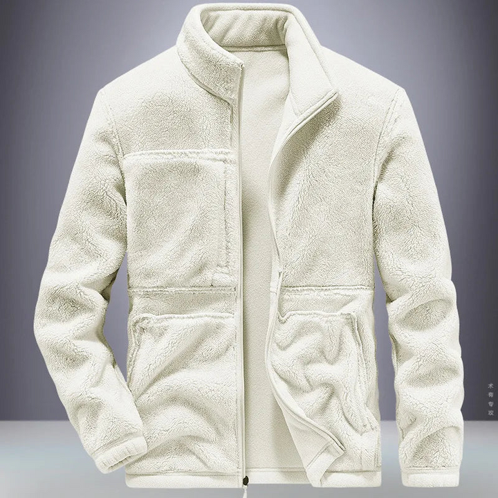 Man wearing a warm cozy fleece jacket, ideal for staying comfortable and stylish on cool autumn days.