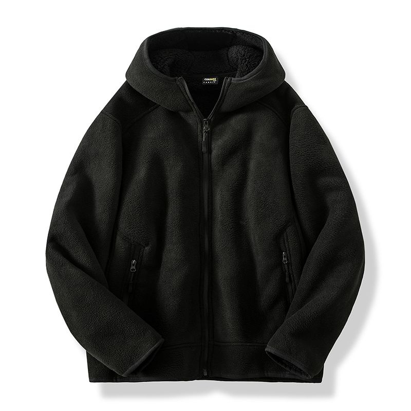 Men’s warm fleece hooded jacket with soft interior, perfect for autumn days and casual comfort.