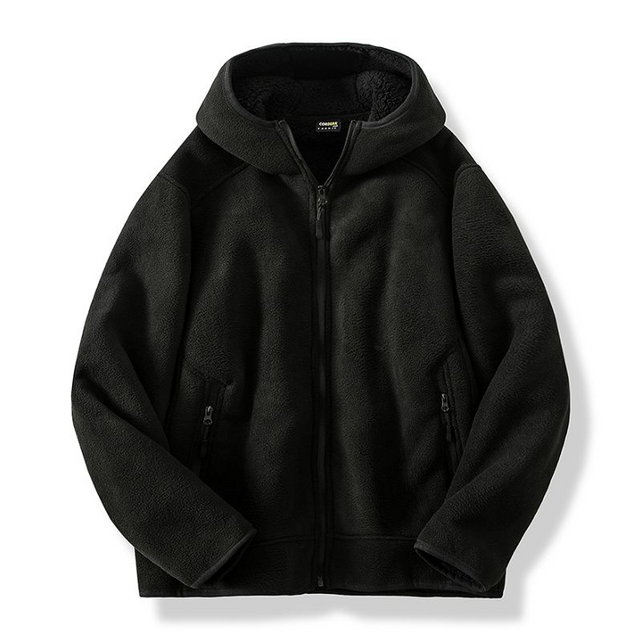 Men’s warm fleece hooded jacket with soft interior, perfect for autumn days and casual comfort.