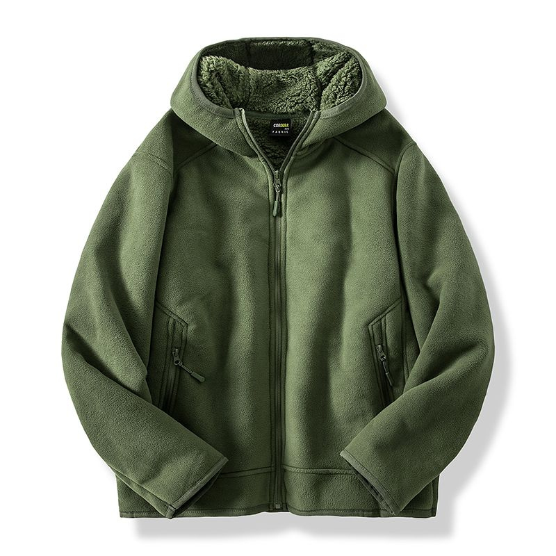 Men’s warm fleece hooded jacket with soft interior, perfect for autumn days and casual comfort.