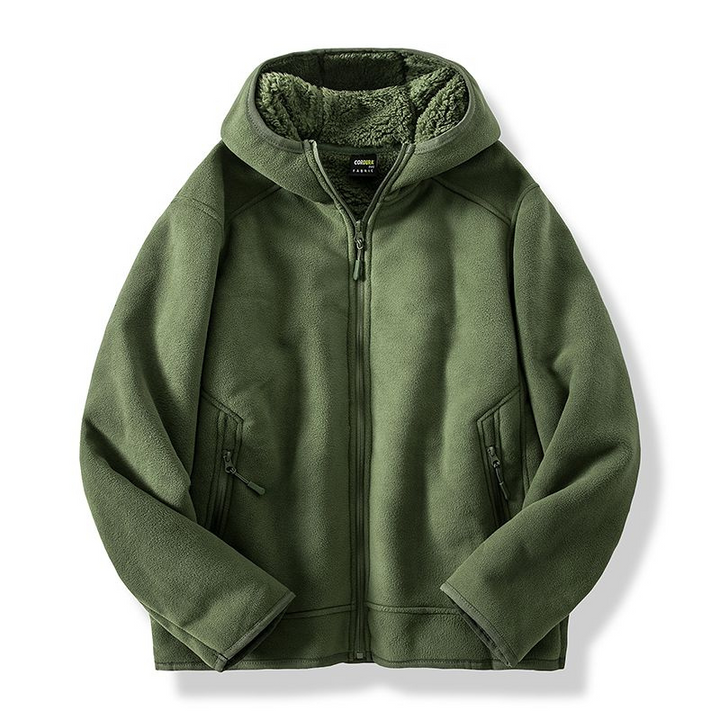 Men’s warm fleece hooded jacket with soft interior, perfect for autumn days and casual comfort.
