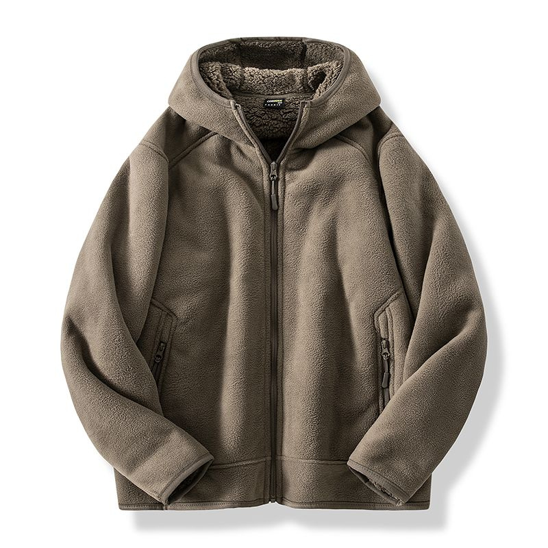 Men’s warm fleece hooded jacket with soft interior, perfect for autumn days and casual comfort.