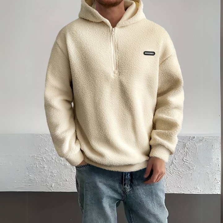 Warm fleece hoodie for men, perfect for autumn days and casual comfort.